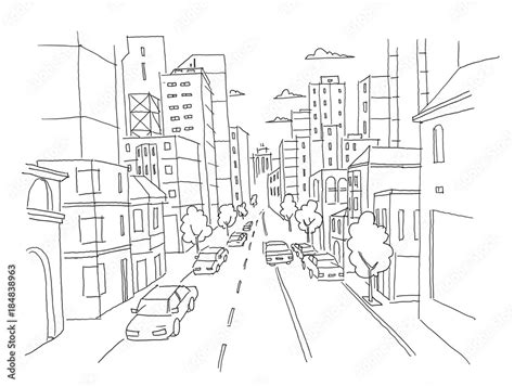 City street linear perspective sketch road view. Cars end buildings ...