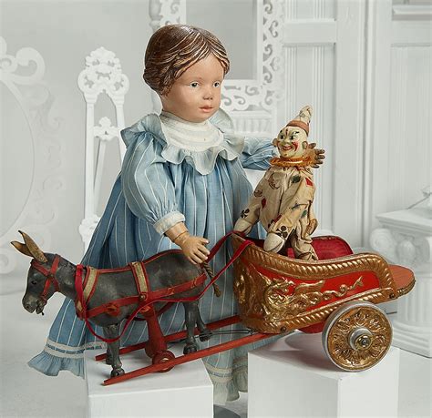 Rare American Wooden Circus Chariot With Glass Eyed Burro And Clown By