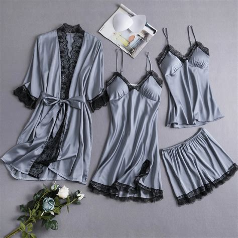 Pieces Sexy Embroidered Lace Silk Sleepwear Padded Satin Lingerie Bath Robe China Women
