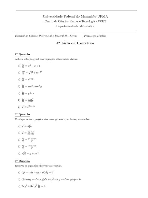 Lista De Exercícios De Cálculo Diferencial E Integral Com Uma Variedade