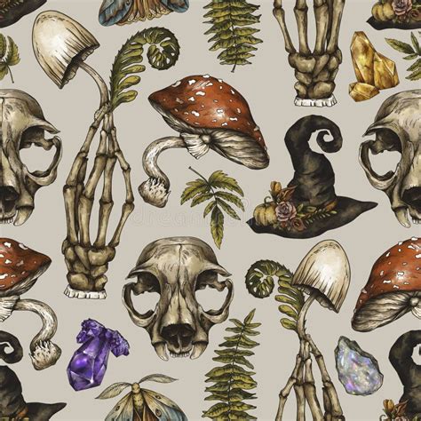 Vintage Halloween Seamless Pattern Magic Amanita Mushroom Stock