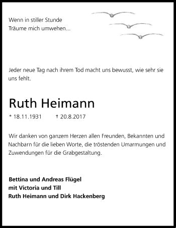 Traueranzeigen Von Ruth Heimann WirTrauern