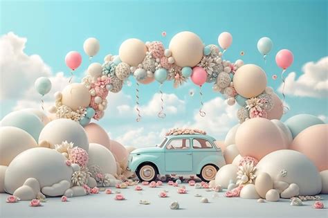 El fondo para los fotógrafos un arco de globos un coche retro en