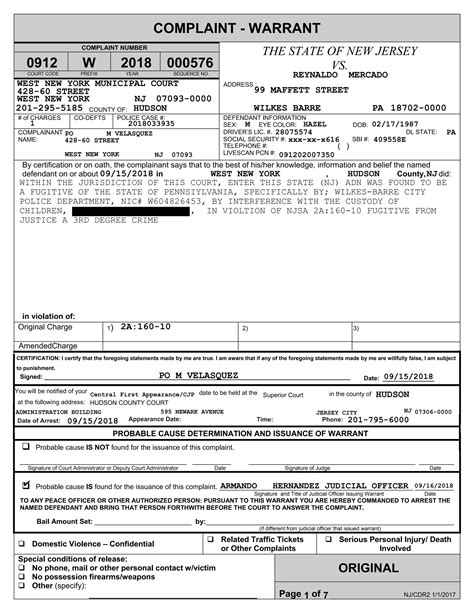 Complaint - Warrant Reynaldo Mercado West New York | PDF