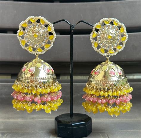 Yellow And Pink Big Jhumka Earrings Statement Jhumkas Kundan