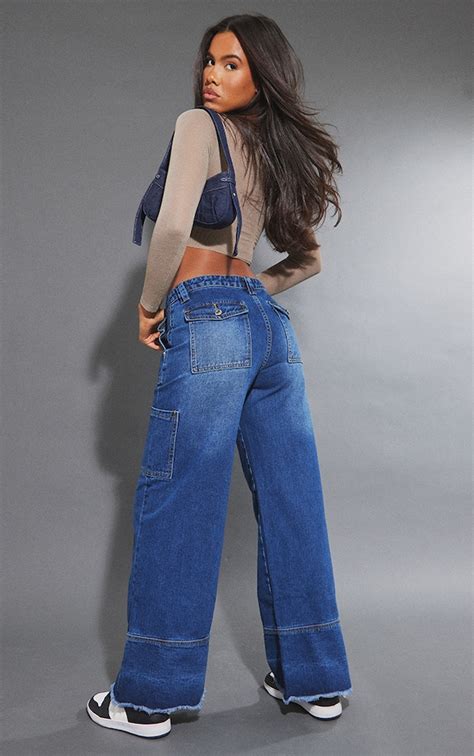 Indigo Hem Detail Wide Leg Jeans Denim Prettylittlething Usa