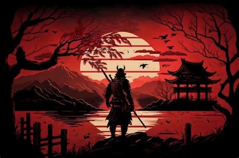 Premium Photo Illustration Of Japanese Samurai Watch Sunset With