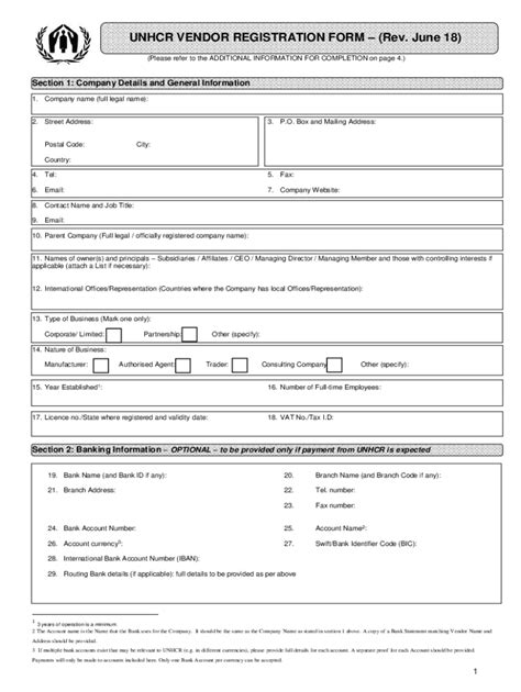 Fillable Online UNHCR VENDOR REGISTRATION FORM Rev June 18 US