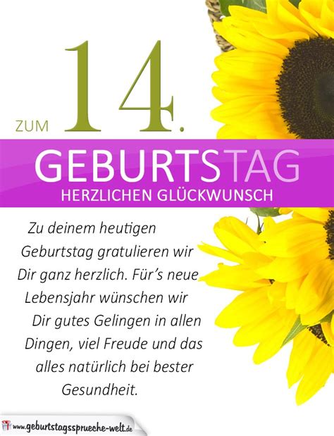 Schlichte Geburtstagskarte Mit Sonnenblumen Zum 14 Geburtstag