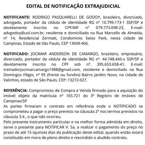 Edital de Notificação Extrajudicial Jornal de Valinhos