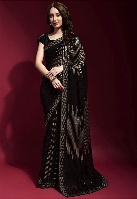 Buy Embroidered Georgette Saree In Black Online Spf Utsav Fashion