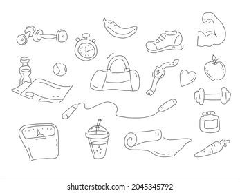 Hand Drawn Set Fitness Gym Equipments Stock Vector Royalty Free