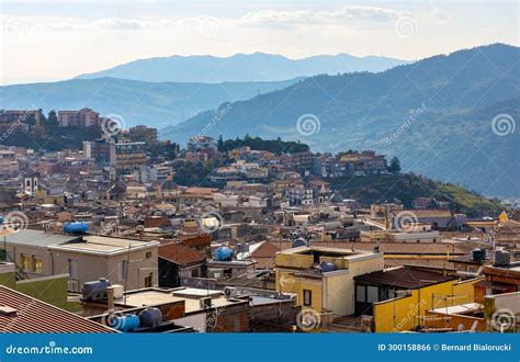 Bronte Town Famous For Sicilian Pistachio Over Simeto River Valley On