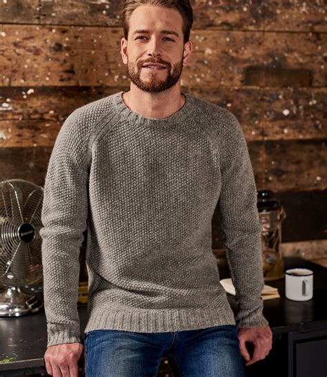 Grey Marl Mens Lambswool Moss Stitch Jumper Woolovers Uk