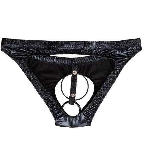 Men Patent Leather Sexy Briefs Bikini Underwear Erotic Underpants With Elastic Penis Hole O
