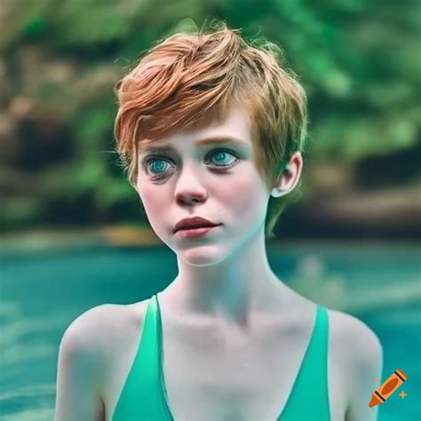 Sophia Lillis By A Pool Wearing A Green One Piece Swimsuit On Craiyon