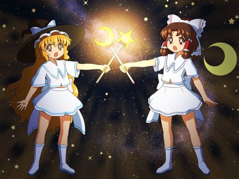 Girls Blonde Hair Boots Bow Brown Eyes Brown Hair Hakurei Reimu Hat Kirisame Marisa Long Hair