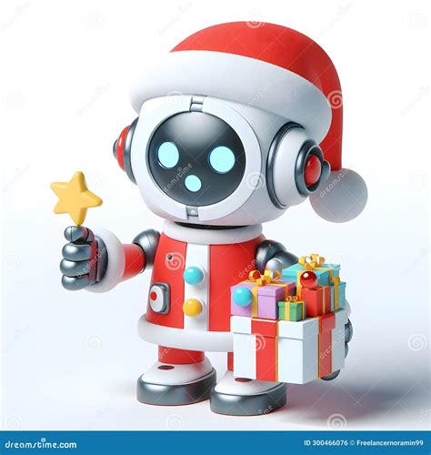 A Robot Wearing A Santa Claus Outfit With A Star And Ts Merry