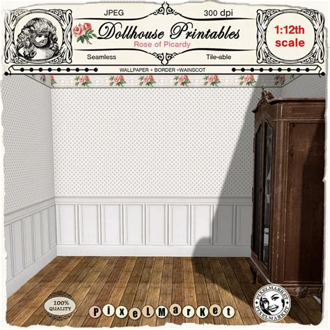 Dollhouse 1/12 Miniature WALLPAPER With Rose Floral BORDER and WAINSCOT ...