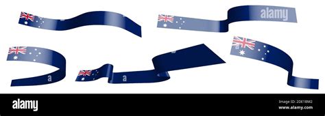 Set Of Holiday Ribbons Flag Of Australia Waving In Wind Separation