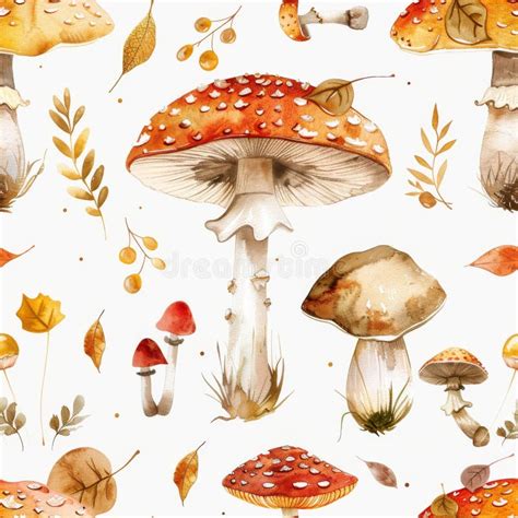 Watercolor Mushrooms Seamless Pattern Autumn Mushroom Painting