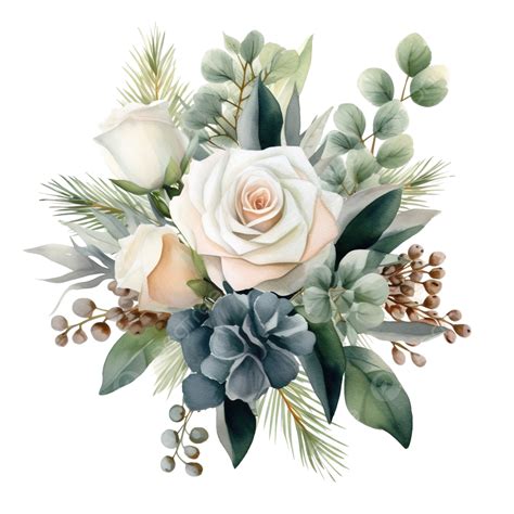 Watercolor Christmas Bouquet With Eucalyptus White Rose Cones Rustic