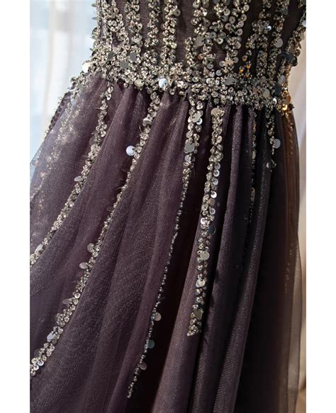 Slim Aline Long Tulle Vneck Prom Dress With Bling Sequins MX17118