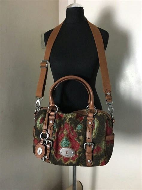 Fossil Maddox Tapestry Tan Leather Satchel Shoulder Crossbody Handbag