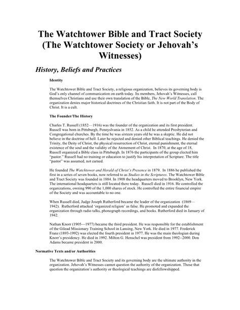 The Watchtower Bible And Tract Society The Watchtower Society Or Jehovahs Witnesses Docslib