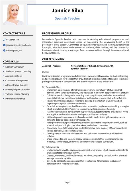 Spanish Teacher Cv Example Guide Get Hired Fast