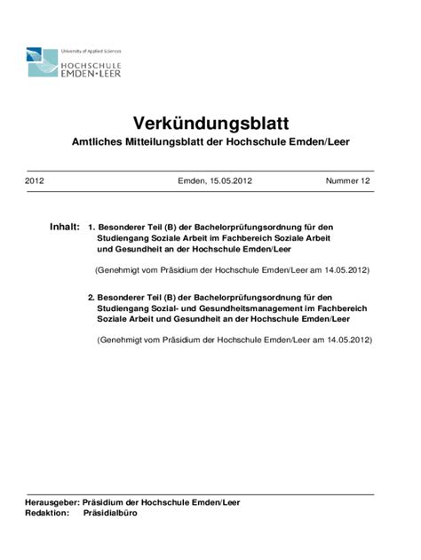 Ausf Llbar Online Amtliches Mitteilungsblatt Der Hochschule Emden Leer