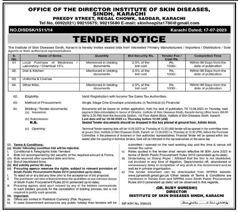 Institute Of Skin Diseases Sindh Tender Notice For Local Purchase Of