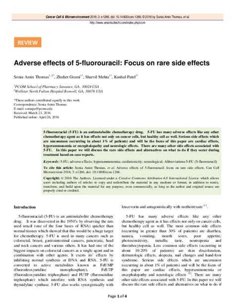 (PDF) Adverse Effects of 5-fluorouracil: Focus on Rare Side Effects | Kushal Patel - Academia.edu