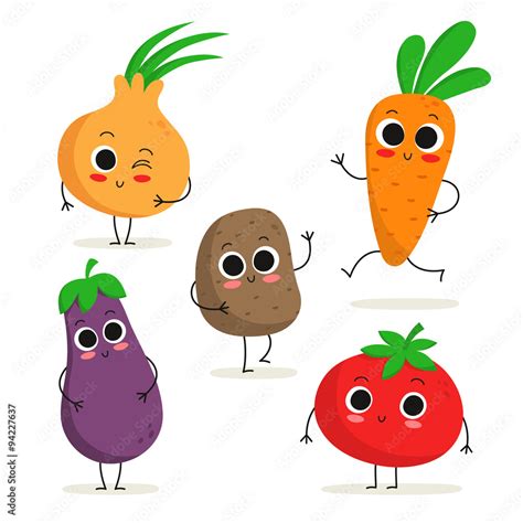 Set Of 5 Cute Cartoon Vegetable Characters Isolated On White Stock