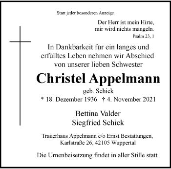 Traueranzeigen Von Christel Appelmann Trauer Und Gedenken