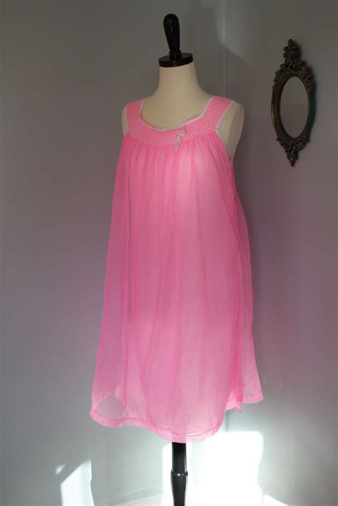 Vintage 60s Babydoll Chiffon Nightgown Lingerie Neon Pink Mad Men