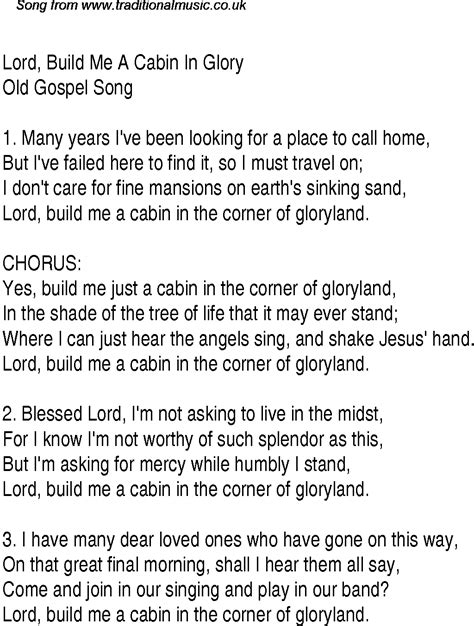 Lord Build Me A Cabin In Glory Christian Gospel Song Lyrics And Chords