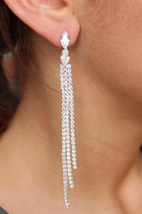 Rhinestone Long Chandelier Drop Earrings Silver Drop Earrings Silver