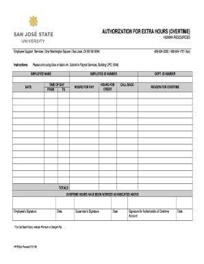 Fillable Online Sjsu Authorization For Extra Hours Overtime Fax Email