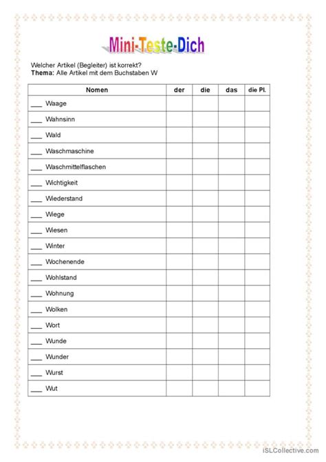 Mini Teste Dich Alle Nomen Mit Dem English Esl Worksheets Pdf Doc