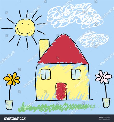 Kids Crayon Drawing Sunny Day House Stock Vector (Royalty Free ...