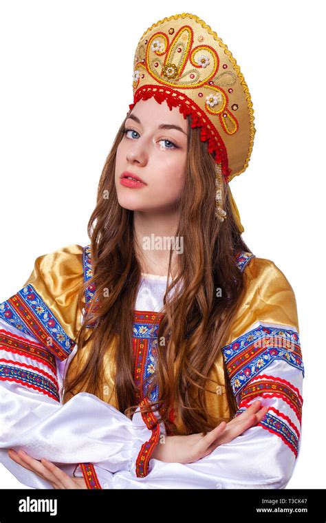 Traditional Russian Folk Costume Portrait Of A Young Beautiful Girl