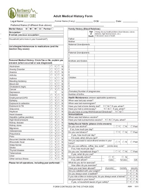 Fillable Online Adult Medical History Form Nwpc Fax Email Print