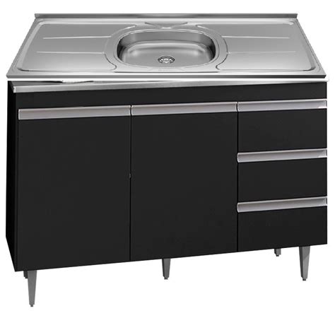 Balcão De Cozinha Gabinete Pia Inox 120cm 2 Portas 3 Gavetas Preto