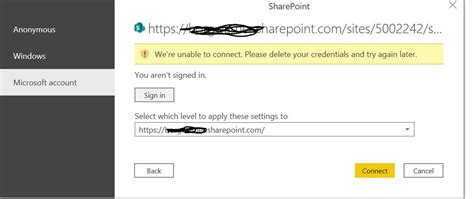 Unable To Connect Sharepoint Data To Powerbi Deskt Microsoft