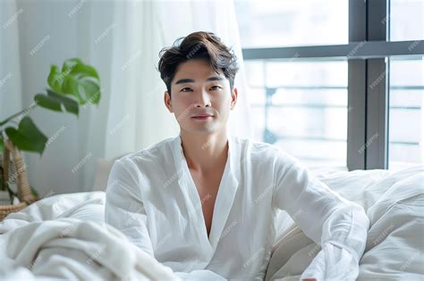 Premium Photo A Handsome Asian Man In White Pajamas Concept Fashion