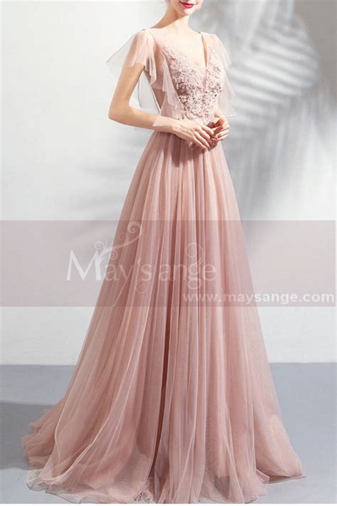 Robe Longue De Bal En Tulle Rose Nude Avec Haut Moderne En Strass Et