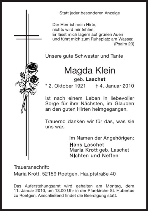 Traueranzeigen Von Magda Klein Aachen Gedenkt