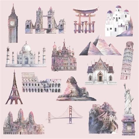 Collection of architectural landmarks painted | Premium Vector ...