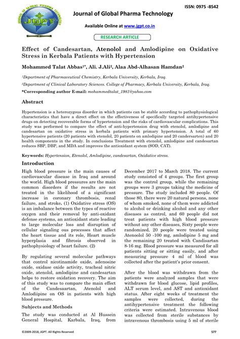 Pdf Effect Of Candesartan Atenolol And Amlodipine On Oxidative